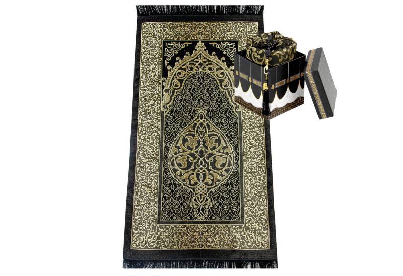 TeppichHome24 Teppich Gebetsteppich 65x110 cm Schwarz-Gold mit Kaaba-Box & 99er Tesbih, rechteckig von TeppichHome24