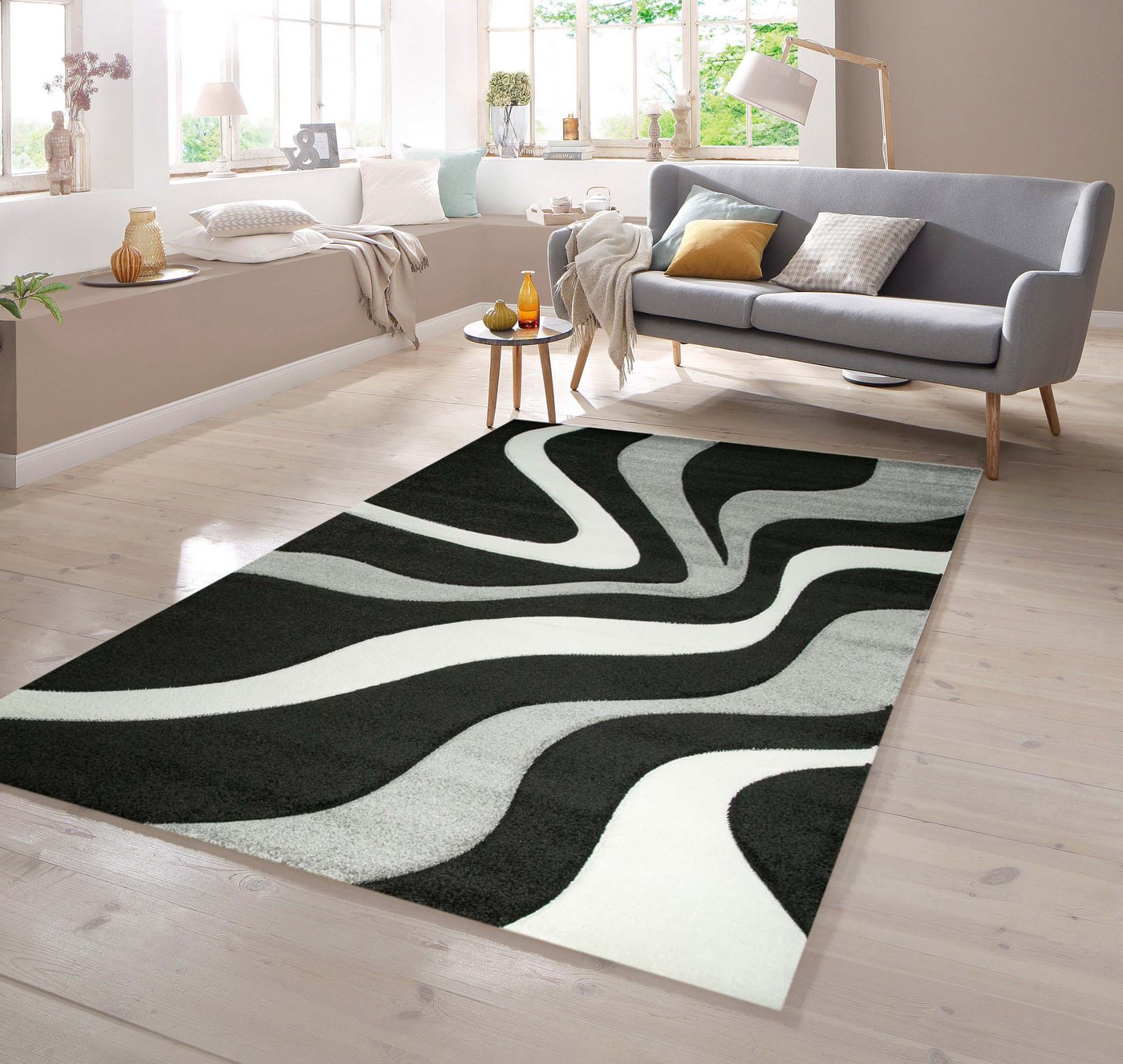 TeppichHome24 Teppich Designer Teppich mit Konturenschnitt Wellenmuster Schwarz Grau Weiss, rechteckig von TeppichHome24