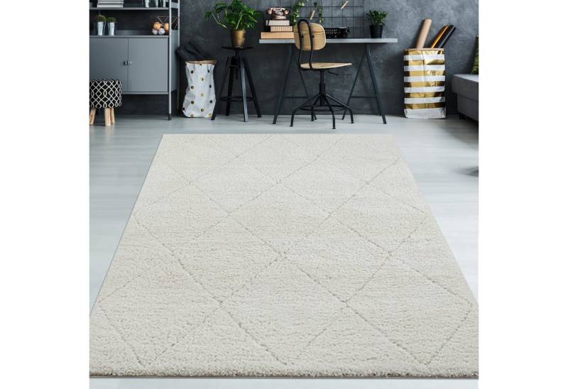 TeppichHome24 Teppich Hochflor Teppich creme mit Rautenmuster modern weich, rechteckig von TeppichHome24