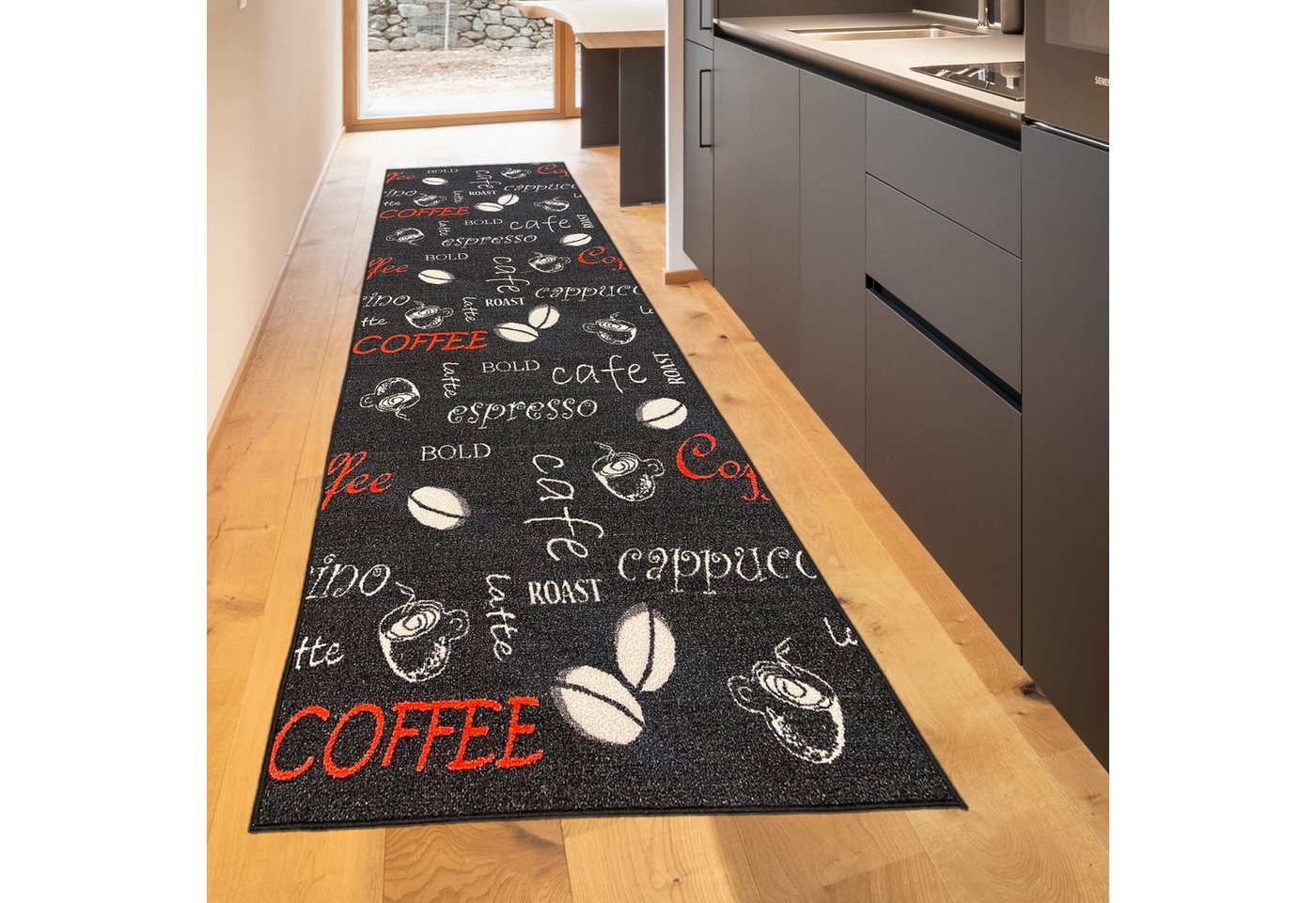 TeppichHome24 Teppich Moderner Läufer mit Coffee-Motiv – Rutschfester Teppich in Schwarz, rechteckig, Höhe: 0.5 mm TeppichHome24 Teppich Moderner Läufer mit Coffee-Motiv – Rutschfester Teppich in Schwarz, rechteckig, Höhe: 0.5 mm von TeppichHome24