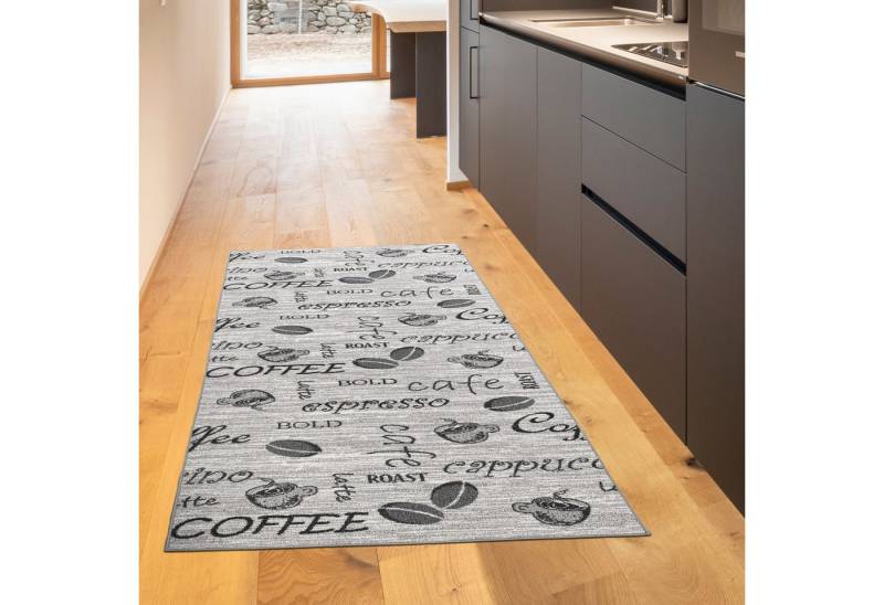 TeppichHome24 Teppich Eleganter Läufer mit Coffee-Motiv – Rutschfester Teppich in Grau, rechteckig, Höhe: 0.5 mm von TeppichHome24