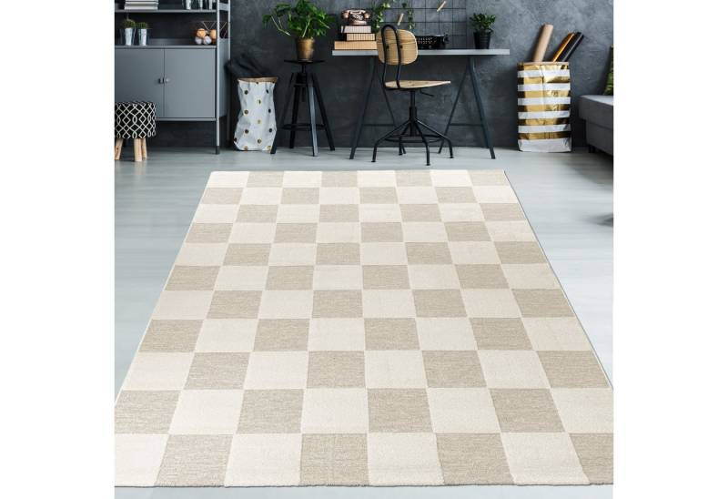 TeppichHome24 Teppich Teppich Pflegeleicht und Strapazierfähig mit Karomuster in Creme Beige, rechteckig, Höhe: 14 mm von TeppichHome24