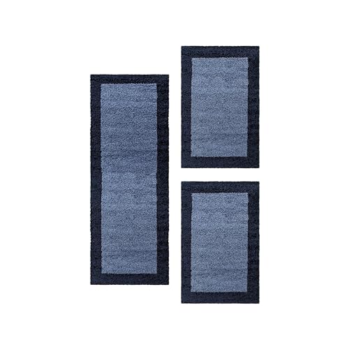 Bettumrandung Läufer Set, 3-Teilig Bordüre Design Hochflor Schlafzimmer Teppich, Marineblau, 2 St. 60x110 cm | 1 St. 80x250 cm von Teppium