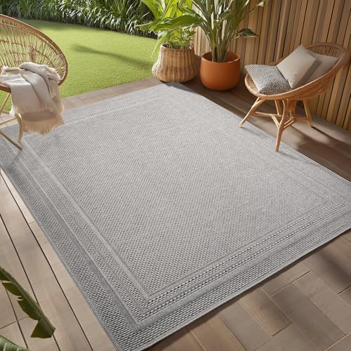 Teppium Outdoor Teppich Grau 80x150 cm Läufer, Wetterfest & UV-beständig, ideal für Küche, Balkon, Terrasse auch Wohnzimmer und Esszimmer, Einfarbiges Design mit Bordüre, Leicht zu Reinigen von Teppium