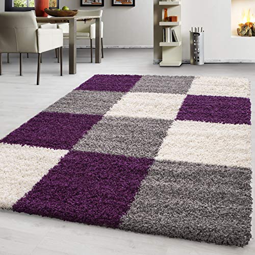 Hochflor Teppich Wohnzimmer Kariertes Design Schlafzimmer Esszimmer Flur Küchenteppich Weich & Flauschig Langflor Pflegeleicht Rechteckig Teppich in Farbe: Violett, Grösse: 200 x 290 cm von Teppium