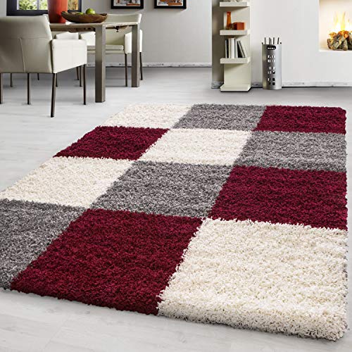 Hochflor Teppich Wohnzimmer Kariertes Design Schlafzimmer Esszimmer Flur Küchenteppich Weich & Flauschig Langflor Pflegeleicht Rechteckig Teppich in Farbe: Rot, Grösse: 120 x 170 cm von Teppium