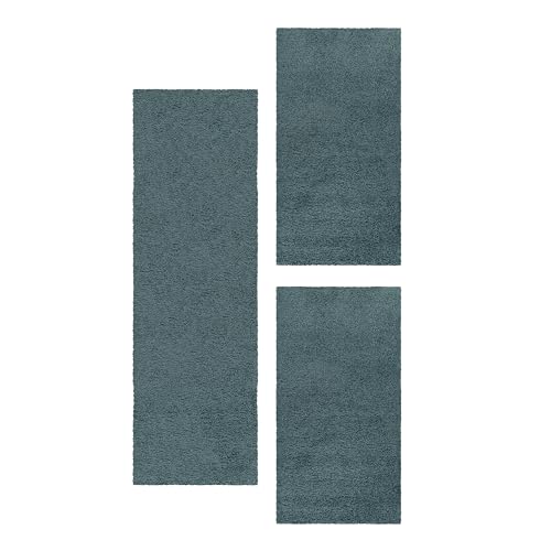 Einfarbig Hochflor Teppich Bettumrandung Läufer Set 3-Teilig Flauschig Weich, Blau, 2 St. 60x110 cm | 1 St. 80x150 cm von Teppium