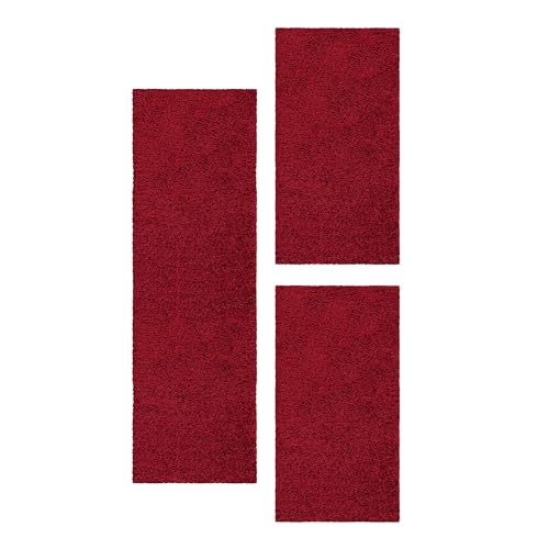 Einfarbig Hochflor Teppich Bettumrandung Läufer Set 3-Teilig Flauschig Weich, Rot, 2 St. 60x110 cm | 1 St. 80x250 cm von Teppium