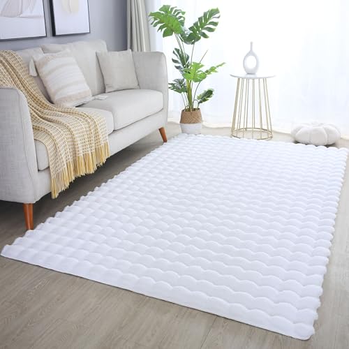 Flauschiger Teppich Wohnzimmer deko Modern Unicolor & Einfarbig Waschbarer Hochflor Teppich Shaggy 3D Optik Schlafzimmer Teppich Kunstfell Super Soft Weich Farbe: Weiß, Grösse: 140 x 200 cm von Teppium