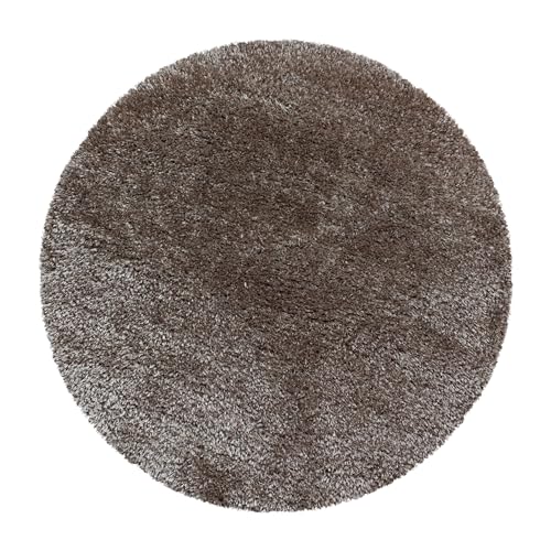 Glanz Hochflor Rund Teppich Wohnzimmer Einfarbig Unicolor Design Pflegeleicht Wohnzimmerteppich Schlafzimmer Flur Weicher Langflor Teppich Deko Wohnzimmer in Farbe: Taupe, Grösse: 200 cm Rund von Teppium