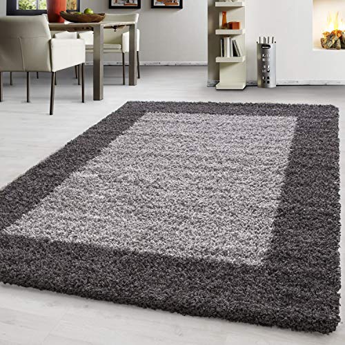Hochflor Teppich Wohnzimmer Bordüre Design Schlafzimmer Esszimmer Flur Küchenteppich Weich & Flauschig Langflor Pflegeleicht Rechteckig Teppich in Farbe: Grau, Grösse: 240 x 340 cm von Teppium