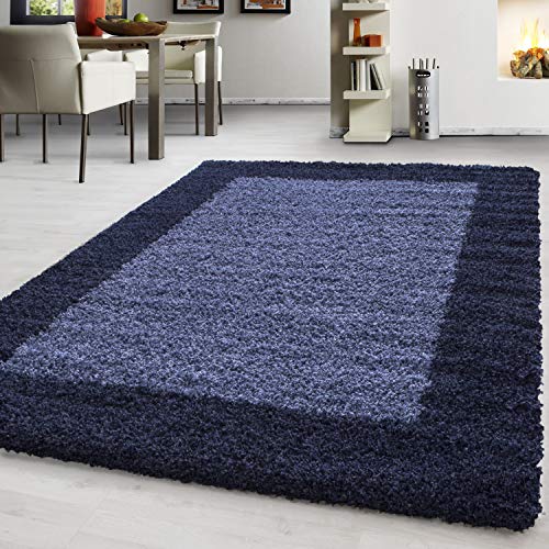Hochflor Teppich Wohnzimmer Bordüre Design Schlafzimmer Esszimmer Flur Küchenteppich Weich & Flauschig Langflor Pflegeleicht Rechteckig Teppich in Farbe: Marineblau, Grösse: 120 x 170 cm von Teppium