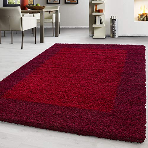 Hochflor Teppich Wohnzimmer Bordüre Design Schlafzimmer Esszimmer Flur Küchenteppich Weich & Flauschig Langflor Pflegeleicht Rechteckig Teppich in Farbe: Rot, Grösse: 120 x 170 cm von Teppium