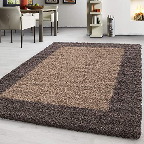 Hochflor Teppich Wohnzimmer Bordüre Design Schlafzimmer Esszimmer Flur Küchenteppich Weich & Flauschig Langflor Pflegeleicht Rechteckig Teppich in Farbe: Taupe, Grösse: 100 x 200 cm von Teppium