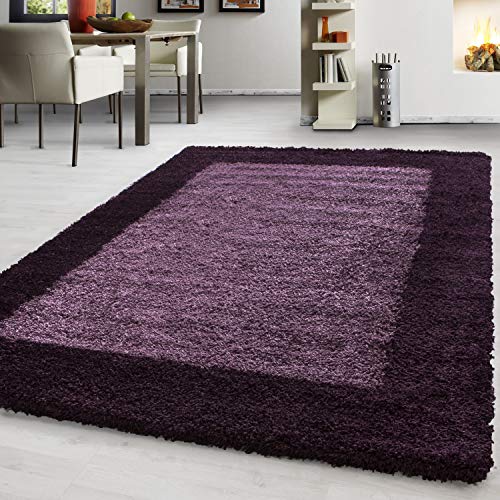 Hochflor Teppich Wohnzimmer Bordüre Design Schlafzimmer Esszimmer Flur Küchenteppich Weich & Flauschig Langflor Pflegeleicht Rechteckig Teppich in Farbe: Violett, Grösse: 120 x 170 cm von Teppium