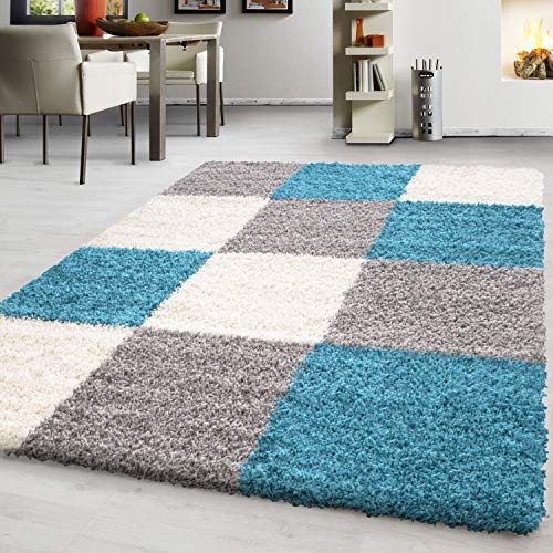 Hochflor Teppich Wohnzimmer Kariertes Design Schlafzimmer Esszimmer Flur Küchenteppich Weich & Flauschig Langflor Pflegeleicht Rechteckig Teppich in Farbe: Türkis, Grösse: 120 x 170 cm von Teppium