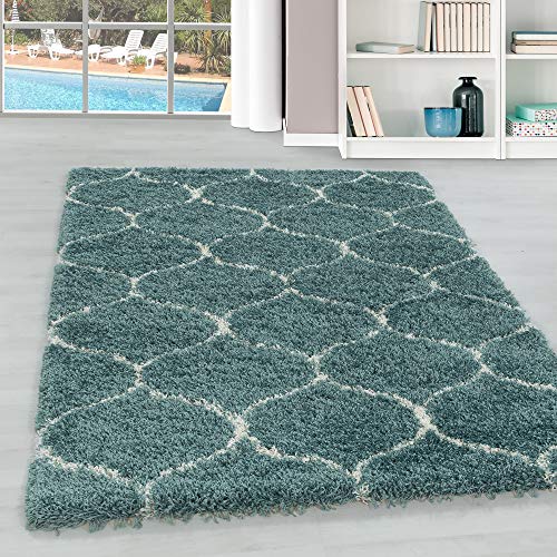 Hochflor Teppich Wohnzimmer im Skandinavischen Stil Skandinavisches Design Läufer Teppich Flauschiger Langflor Shaggy Teppich Pflegeleicht Wohnzimmerteppich in Farbe: Blau, Grösse: 80 x 150 cm von Teppium