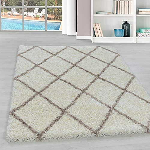 Hochflor Wohnzimmer Teppich Modern Deko Geometrisch Design Flauschiger & Weicher Langflor Shaggy Läufer Teppich Schlafzimmer Farbe: Creme, Grösse: 60 x 110 cm von Teppium