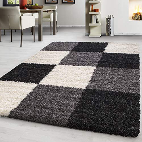 Hochflor Teppich Wohnzimmer Kariertes Design Schlafzimmer Esszimmer Flur Teppich Küchenteppich Weich & Flauschig Langflor Pflegeleicht Läufer Teppich in Farbe: Schwarz, Grösse: 80 x 250 cm von Teppium