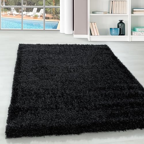 Glanz Hochflor Teppich Wohnzimmer Einfarbig Unicolor Design Pflegeleicht Wohnzimmerteppich Schlafzimmer Flur Weicher Langflor Läufer Teppich Deko Wohnzimmer in Farbe: Schwarz, Grösse: 80 x 150 cm von Teppium