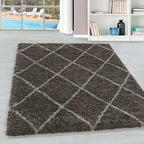 Hochflor Wohnzimmer Teppich Modern Deko Geometrisch Design Flauschiger & Weicher Langflor Shaggy Läufer Teppich Schlafzimmer Farbe: Taupe, Grösse: 60 x 110 cm von Teppium