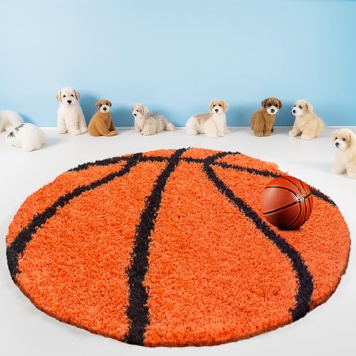 Hochlfor Kinder Teppich Rund Fußball Design Teppich Kinderzimmer Babyzimmer Jugendzimmer Spielzimmer Teppich Weich & Flauschig Pflegeleicht Farbe: Orange, Grösse: 120 cm Rund von Teppium