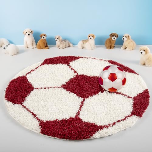 Teppium Kinderteppich Hochflor 100 cm Rund Rot - Fussball Teppich für Jungen und Mädchen, Extra Weich, Flauschig und 30 mm Florhöhe - Runder Teppiche fürs Kinderzimmer, Babyzimmer und Spielzimmer von Teppium