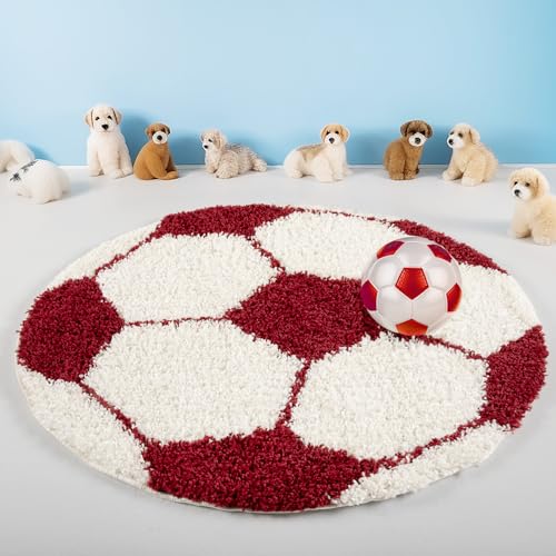 Hochlfor Kinder Teppich Rund Fußball Design Teppich Kinderzimmer Babyzimmer Jugendzimmer Spielzimmer Teppich Weich & Flauschig Pflegeleicht Farbe: Rot, Grösse: 100 cm Rund von Teppium