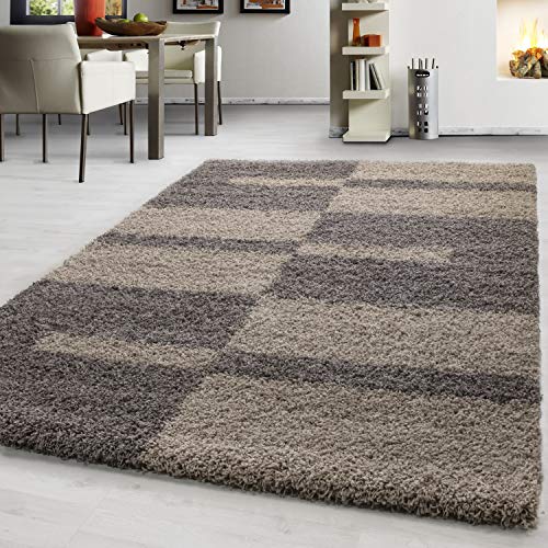 Teppium Moderner Hochflor Teppich Wohnzimmer 200x300 (200 x 290 cm) Taupe - Shaggy Flauschiger Teppich, Extra Weich, Pflegeleicht und Kariertes - für Schlafzimmer, Küche und Esszimmer von Teppium