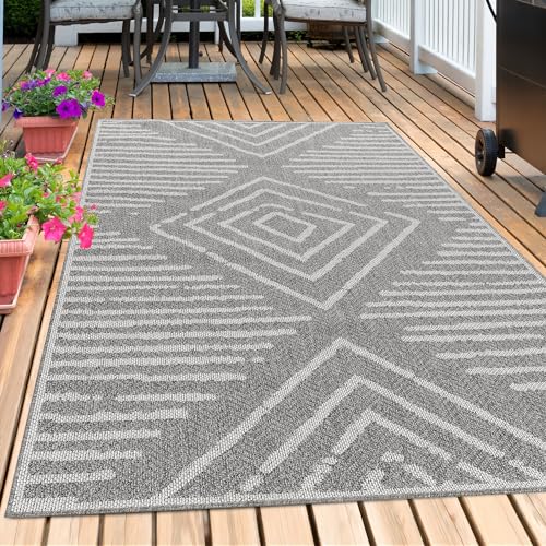 Outdoor Teppich Wetterfest Terasse Garten Balkon Picknick Camping Teppich Gestreift Design Sisal Optik Flachgewebe Küchenteppich Pflegeleicht Läufer Teppich Farbe: Grau, Grösse: 60 x 100 cm von Teppium