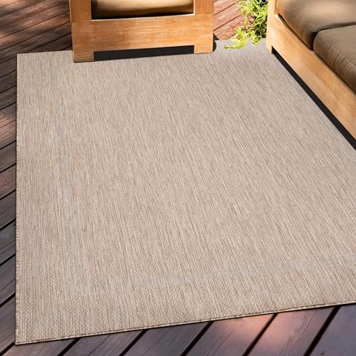 Teppium Outdoor Teppich Wetterfest 160 x 230 cm Beige Sisal Optik - Küchenteppich Waschbar rutschfest, Wasserfest, Bordüre, Pflegeleicht - Ideal für Balkon, Terassen, Garten, Camping oder Küche von Teppium