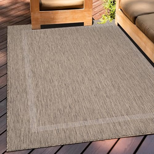 Teppium Outdoor Teppich Wetterfest 120 x 170 cm Braun Sisal Optik - Küchenteppich Waschbar rutschfest, Wasserfest, Bordüre, Pflegeleicht - Ideal für Balkon, Terassen, Garten, Camping oder Küche von Teppium