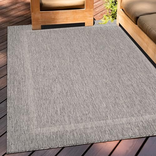 Teppium Outdoor Teppich Wetterfest 120 x 170 cm Grau Sisal Optik - Küchenteppich Waschbar rutschfest, Wasserfest, Bordüre, Pflegeleicht - Ideal für Balkon, Terassen, Garten, Camping oder Küche von Teppium