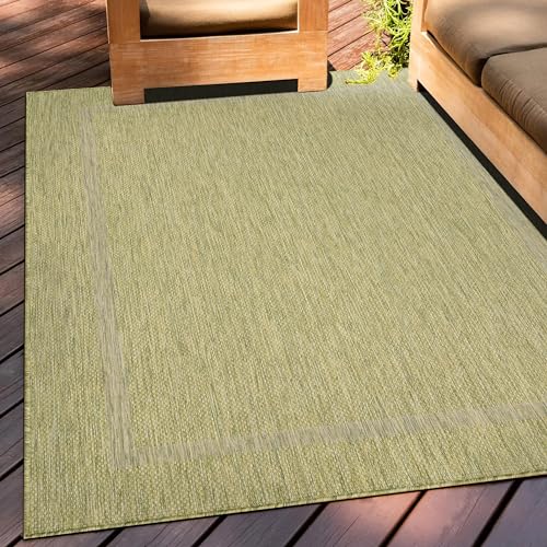 Teppium Outdoor Teppich Wetterfest 250x350 (240 x 340 cm) Grün Sisal Optik - Küchenteppich Waschbar rutschfest, Wasserfest, Bordüre, Pflegeleicht - Ideal für Balkon, Terassen, Garten, Camping, Küche von Teppium