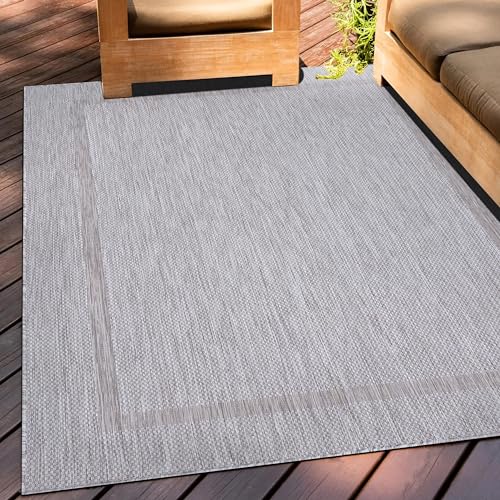 Teppium Outdoor Teppich Wetterfest 120 x 170 cm Silberfarbe Sisal Optik - Küchenteppich Waschbar rutschfest, Wasserfest, Bordüre, Pflegeleicht - Ideal für Balkon, Terassen, Garten, Camping oder Küche von Teppium