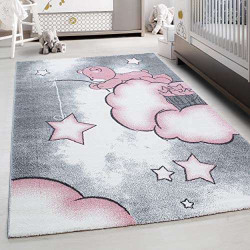 Teppium Kinderteppich für Jungen und Mädchen Bär Muster 160 x 230 cm Pink - Kurzflor Waschbarer Teppich Extra Weich und Antiallergen - Teppich für Kinderzimmer, Babyzimmer und Spielzimmer von Teppium