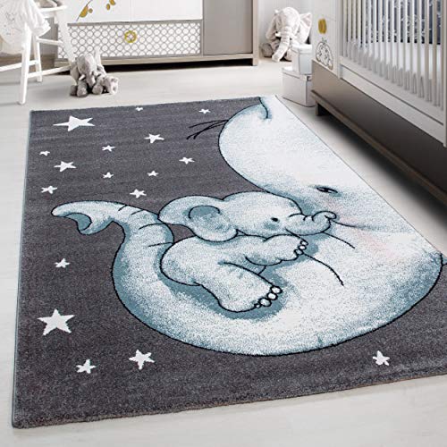 Kinderteppich Elefant Design Spielteppich Weich & Soft Babyzimmer Spielzimmer Kinderzimmer Teppich Kurzflor Flauschig Pflegeleicht Weich rutschfest Rechteckig Farbe: Blau, Grösse: 80 x 150 cm von Teppium