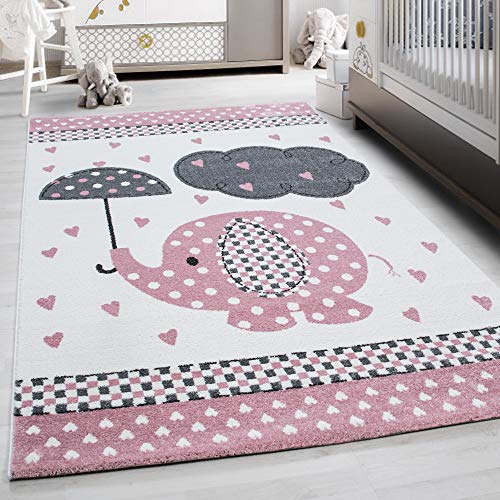 Kinderteppich Elefant Muster Rund Tepp?ch Weich & Soft Babyzimmer Spielzimmer Kinderzimmer Teppich Kurzflor Flauschig Pflegeleicht Weich rutschfest in Farbe: Pink, Grösse: 120 cm Rund von Teppium