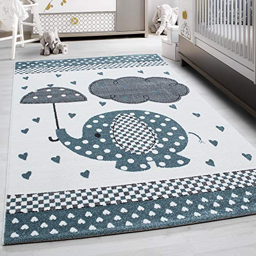 Kinderteppich Elefant Muster Spielteppich Rund Tepp?ch Weich & Soft Babyzimmer Spielzimmer Kinderzimmer Teppich Kurzflor Flauschig Pflegeleicht Weich rutschfest in Farbe: Blau, Grösse: 120 cm Rund von Teppium