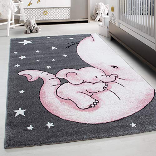 Kinderteppich Elefant Muster Spielteppich Weich & Soft Babyzimmer Spielzimmer Kinderzimmer Teppich Kurzflor Flauschig Weich rutschfest Rechteckig Teppich in Farbe: Pink, Grösse: 120 cm Rund von Teppium