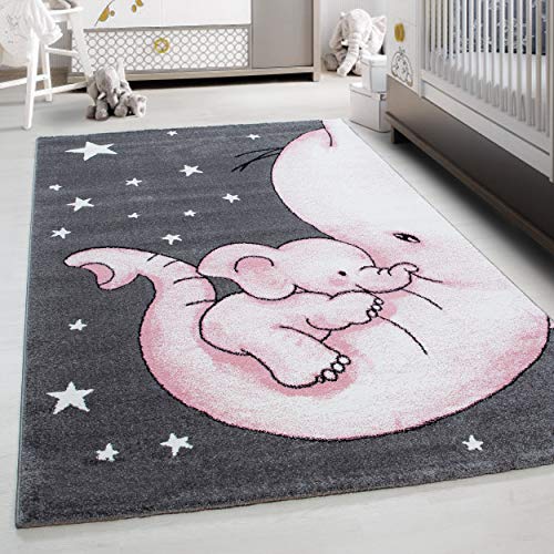 Teppium Kinderteppich für Jungen und Mädchen Elefant Muster 200x300 (200x290 cm) Pink - Kurzflor Waschbarer Teppich Extra Weich und Antiallergen - Teppich für Kinderzimmer, Babyzimmer und Spielzimmer von Teppium
