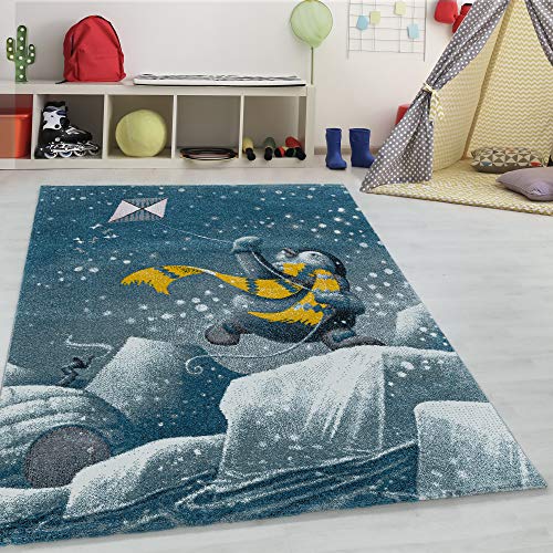 Kurzflor Kinder Teppich Pinguin-Iglu-Design Spiel Teppich Kinderzimmer Babyzimmer Flur Läufer Kinderteppich Weich & Soft Pflegeleicht Rechteckig Teppich in Farbe: Blau, Grösse: 140 x 200 cm von Teppium