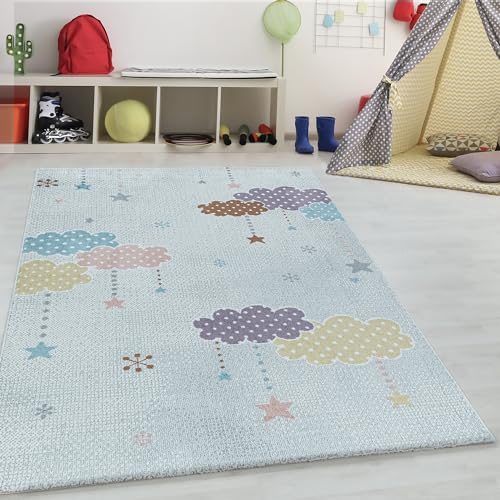 Kinderteppich Mond & Sterne Muster Spielzimmer Babyzimmer Kinderzimmer Kurzflor Weich & Flauschig Pflegeleicht Rechteckig Teppich in Farbe: Weiß, Grösse: 160 x 230 cm von Teppium