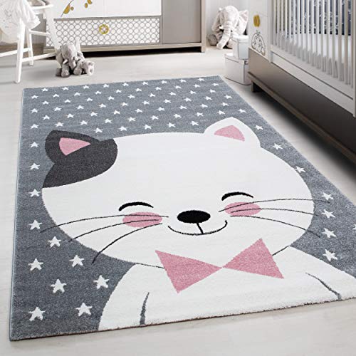 Kinderteppich Niedliches Katze Design Spielteppich Weich & Soft Babyzimmer Spielzimmer Kinderzimmer Teppich Kurzflor Flauschig Weich rutschfest Läufer Teppich in Farbe: Pink, Grösse: 80 x 150 cm von Teppium