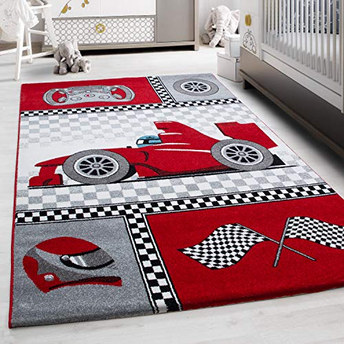 Teppium Kinderteppich für Jungen und Mädchen Rennwagen Muster 160 x 230 cm Rot - Kurzflor Waschbarer Teppich Extra Weich und Antiallergen - Teppich für Kinderzimmer, Babyzimmer und Spielzimmer von Teppium