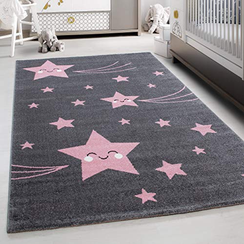 Teppium Kinderteppich für Jungen und Mädchen Sterne Muster 120 x 170 cm Pink - Kurzflor Waschbarer Teppich Extra Weich und Antiallergen - Teppich für Kinderzimmer, Babyzimmer und Spielzimmer von Teppium