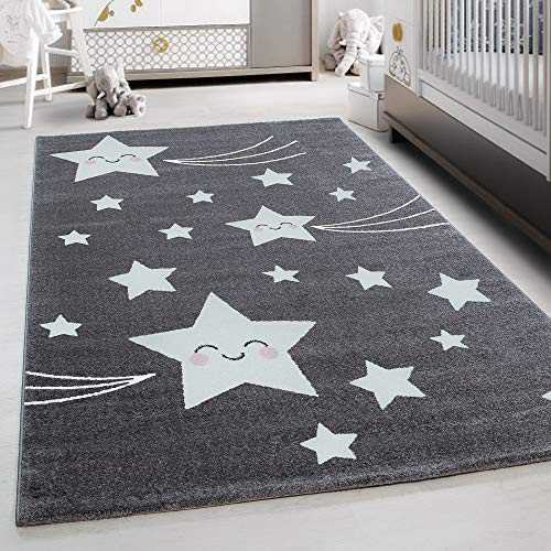 Kinderteppich Sterne Muster Weich & Soft Babyzimmer Spielzimmer Kinderzimmer Teppich Kurzflor Flauschig Pflegeleicht Weich rutschfest Rechteckig Teppich in Farbe: Grau, Grösse: 200 x 290 cm von Teppium