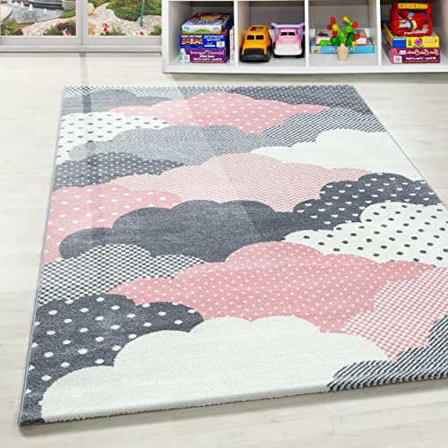 Kinderteppich Wolkenmuster Spielteppich Mädchen Weich &Soft Teppich Kinderzimmer Babyzimmer Jugendzimmer Spielzimmer Teppich Pflegeleicht Kurzflor Farbe: Pink, Grösse: 140 x 200 cm von Teppium