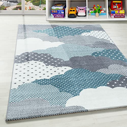 Kinderteppich Wolkenmuster Spielteppich Rund Jungen Weich &Soft Teppich Kinderzimmer Babyzimmer Jugendzimmer Spielzimmer Teppich Pflegeleicht Kurzflor Farbe: Blau, Grösse: 160 cm Rund von Teppium