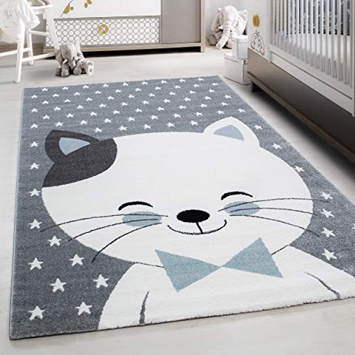 Kinderteppich Niedliches Katze Muster Spielteppich Weich & Soft Babyzimmer Spielzimmer Kinderzimmer Teppich Kurzflor Flauschig Weich rutschfest Läufer Teppich in Farbe: Blau, Grösse: 80 x 150 cm von Teppium